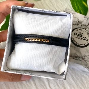 دستبند طلا تکه کارتیر و چرم مشکی 340805
