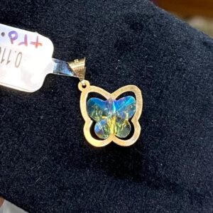 پلاک طلا سواروسکی پروانه هفت رنگ سبز و آبی 145592
